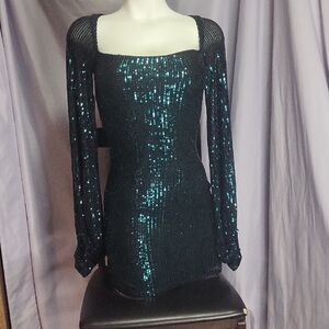 Lucy in the Sky Black and Emerald Sequin Dress